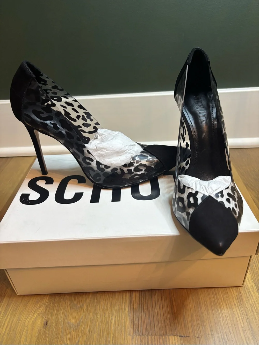 SCHUTZ Leopard Pointed-Toe Pumps in Black and White
